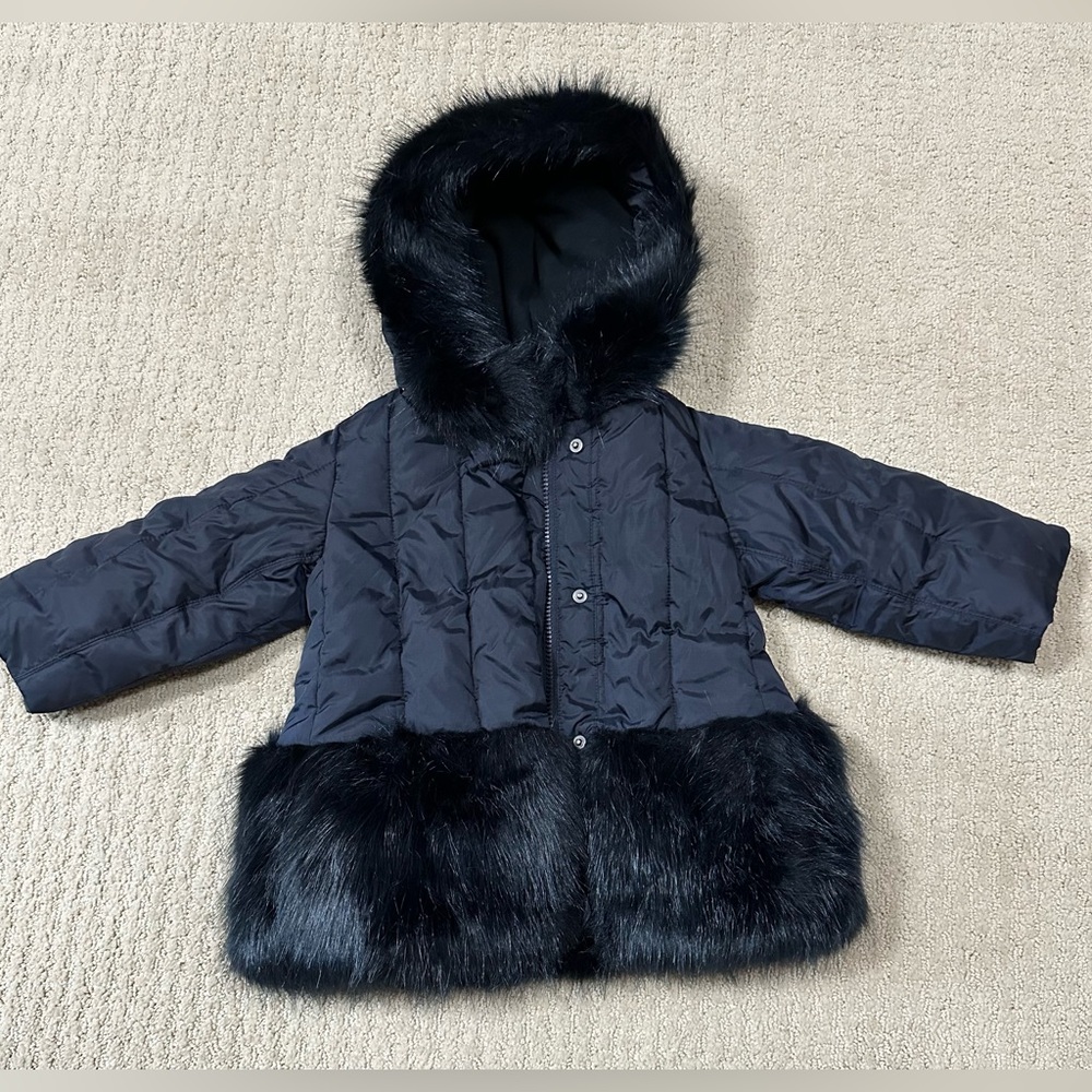 Jcrew Crewcuts Girls Navy Faux Fur Trim Puffer Winter Jacket - Size 2